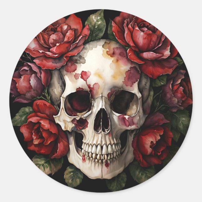 Sticker Rond Crâne aux roses rouges (Devant)