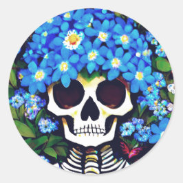 Sticker Rond Crâne avec bleu Oubliez-moi-pas Fleurs