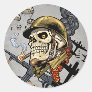 Sticker Rond Crâne avec casque, avions et bombes