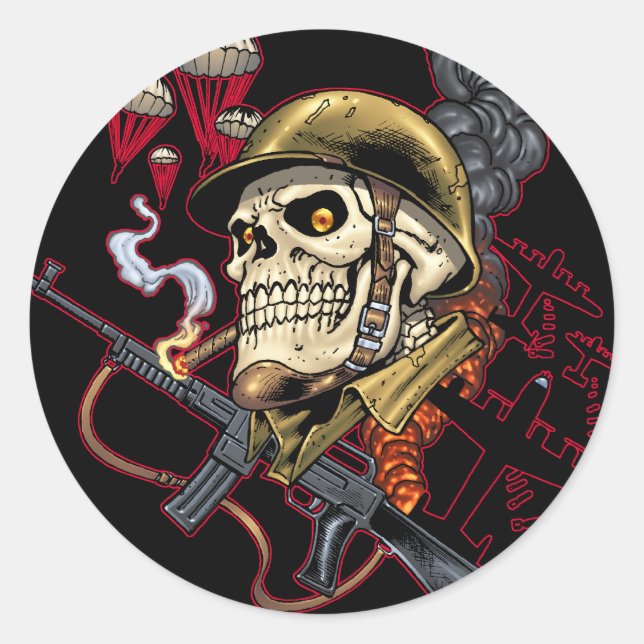 Sticker Rond Crâne avec casque, avions et bombes (Devant)