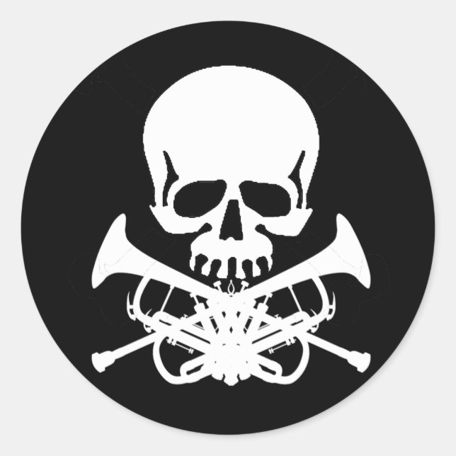 Sticker Rond Crâne avec des trompettes comme os croisés (Devant)