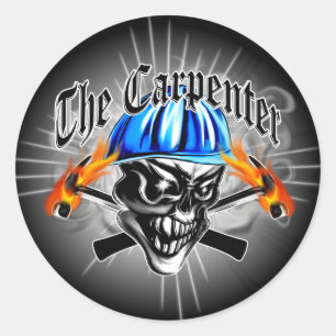 Sticker Rond Crâne de charpentier avec le casque antichoc bleu