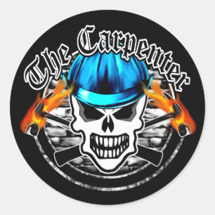 Sticker Rond Crâne de charpentier et casque antichoc bleu