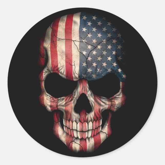Sticker Rond Crâne de drapeau américain sur le noir (Devant)