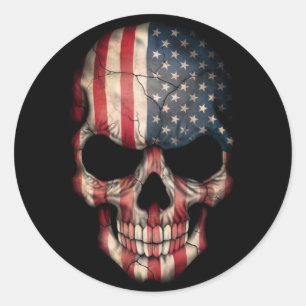Sticker Rond Crâne de drapeau américain sur le noir
