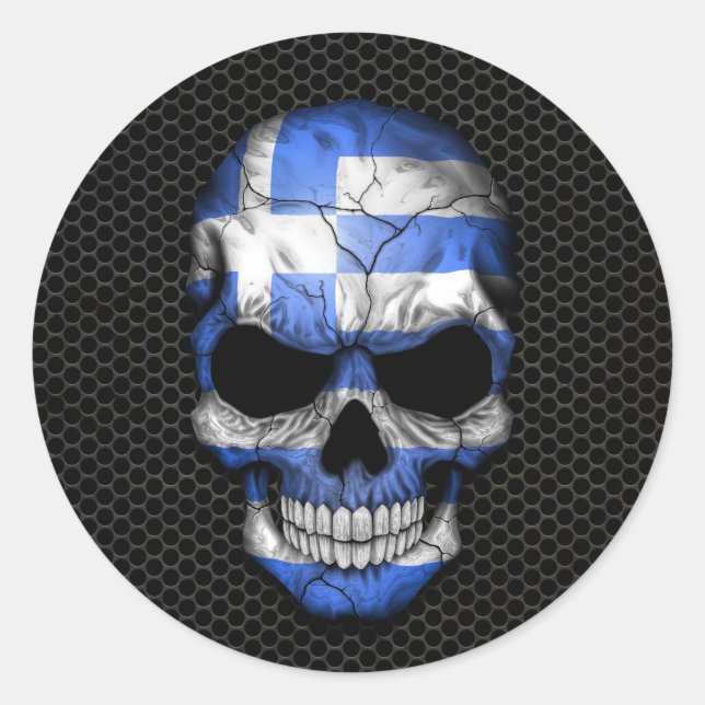 Sticker Rond Crâne de drapeau grec sur maille d'acier (Devant)
