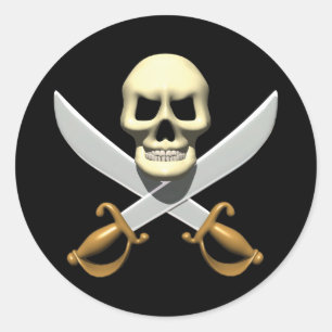 Sticker Rond Crâne de pirate 3D et épées croisées