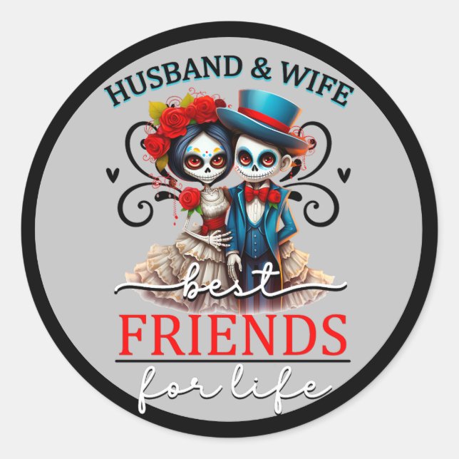 Sticker Rond Crâne de Sucre Couple Mignon (Devant)