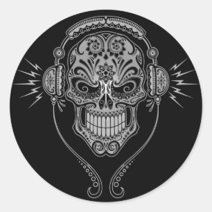 Sticker Rond Crâne de sucre du DJ - noir