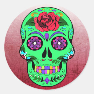 Sticker Rond Crâne de sucre Halloween Lime vert pourpre