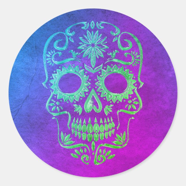 Sticker Rond Crâne de sucre pourpre et vert/Jour de l'autocolla (Devant)