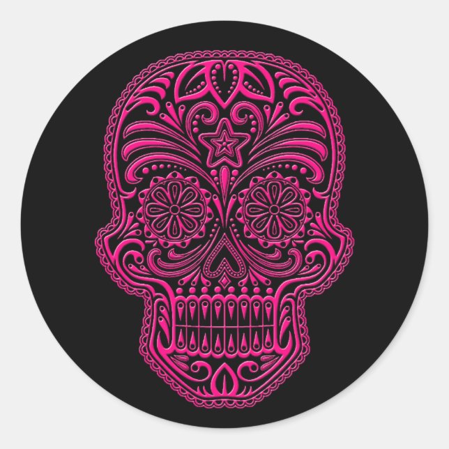 Sticker Rond Crâne de sucre rose complexe sur noir (Devant)