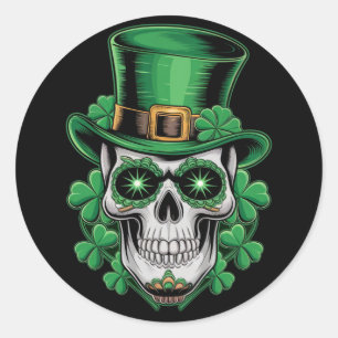 Sticker Rond Crâne de Sucre St Patrick Jour Chanceux Trèfle