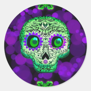 Sticker Rond Crâne de sucre vert et violet Soirée Halloween lum