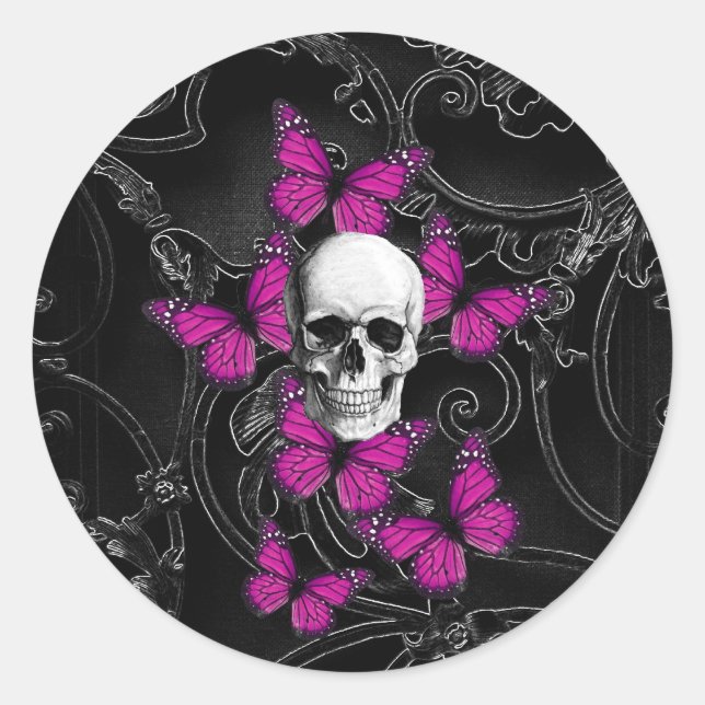 Sticker Rond crâne d'Imaginaire et papillons roses chauds (Devant)