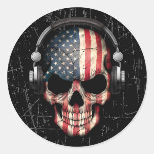 Sticker Rond Crâne Dj américain rayé avec casque