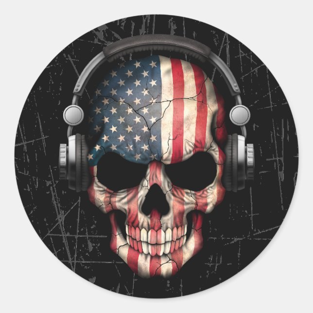Sticker Rond Crâne Dj américain rayé avec casque (Devant)