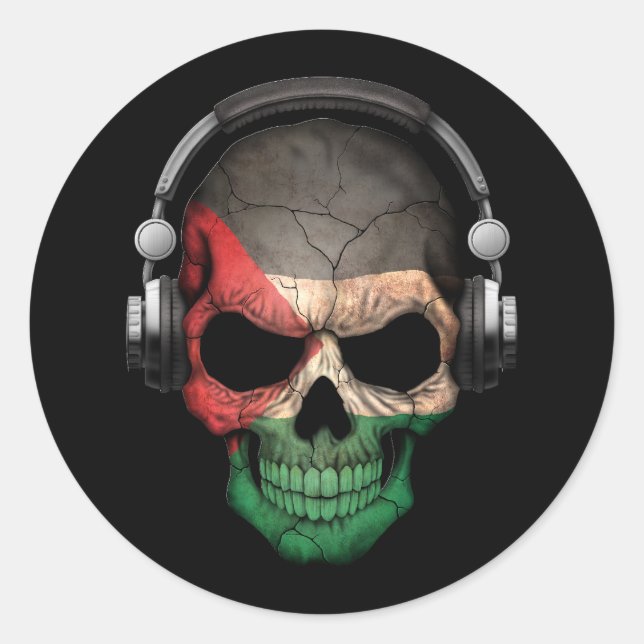Sticker Rond Crâne Dj palestinien personnalisable avec casque (Devant)