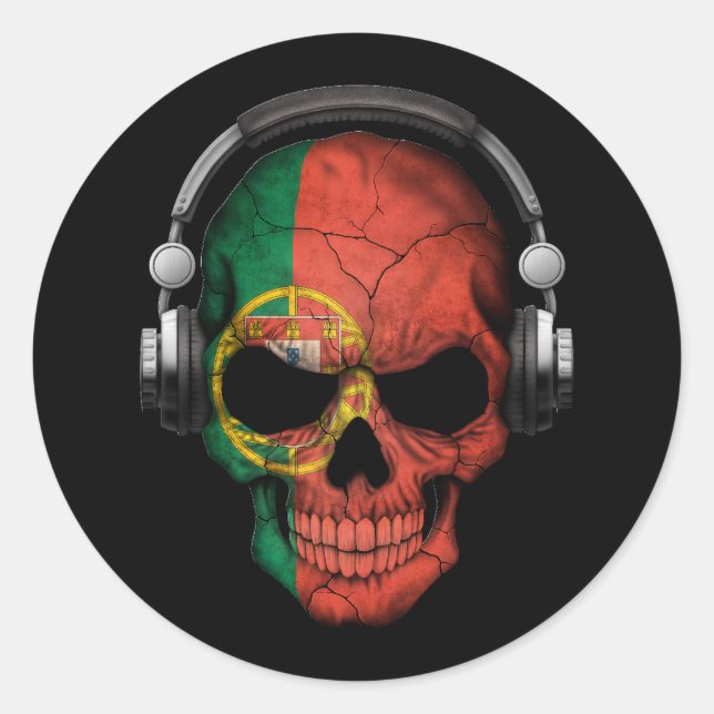 Sticker Rond Crâne Dj portugais personnalisable avec casque (Devant)