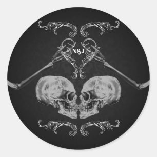 Sticker Rond "Crâne en amour" Squelettes Vintage Mariage Noir