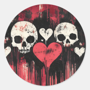 Sticker Rond Crâne et Coeurs Grunge - Art rouge et noir gras