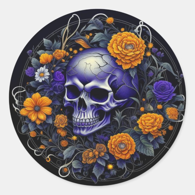 Sticker Rond Crâne et fleurs orange art IA (Devant)