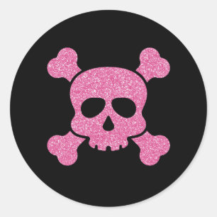 Sticker Rond Crâne et os croisés en paillettes roses sur fond n