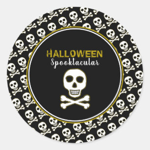 Sticker Rond Crâne et os, Gold Halloween Party