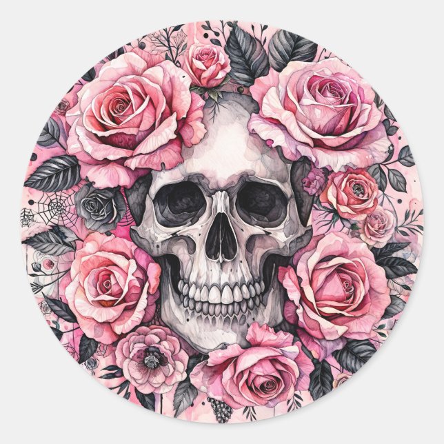 Sticker Rond Crâne et roses roses roses gothiques (Devant)