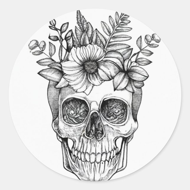 Sticker Rond Crâne floral au crayon (Devant)