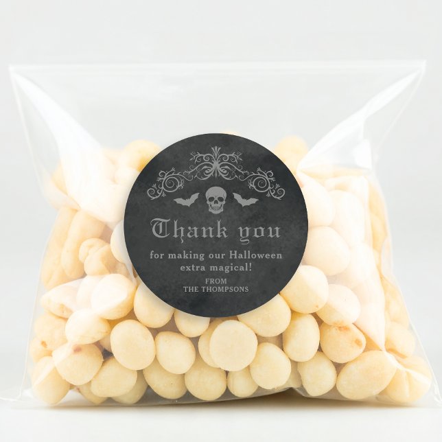 Sticker Rond Crâne gothique Et chauves-souris Merci d'Halloween (Créateur téléchargé)