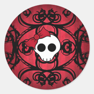 Sticker Rond Crâne gothique mignon sur rouge et noir