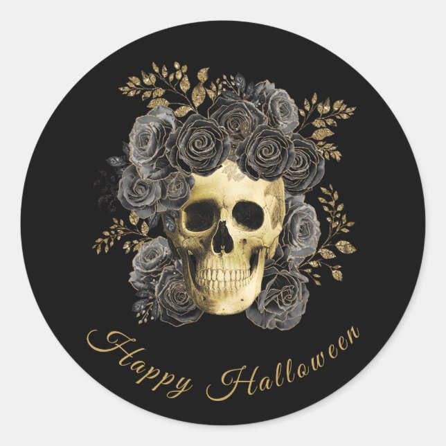 Sticker Rond Crâne gothique Noir & Or Roses Halloween (Devant)