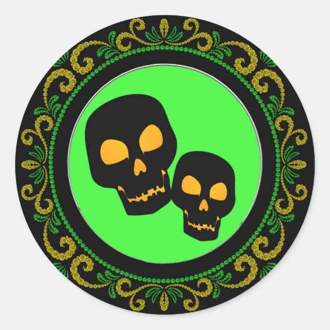 Sticker Rond Crâne jaune vert noir Halloween (Devant)