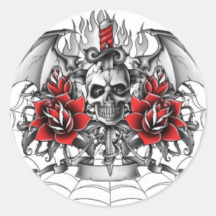 Sticker Rond Crâne n Dagger avec ailes diaboliques