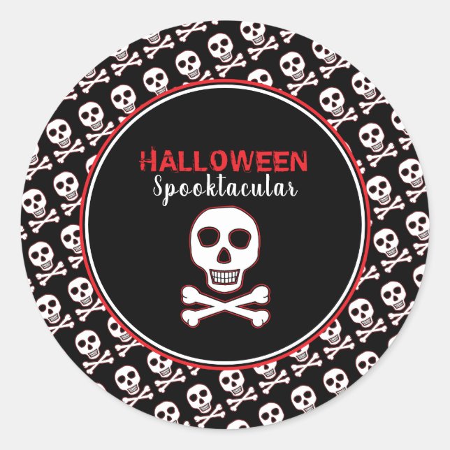 Sticker Rond Crâne & Os, Soirée Halloween Rouge (Devant)