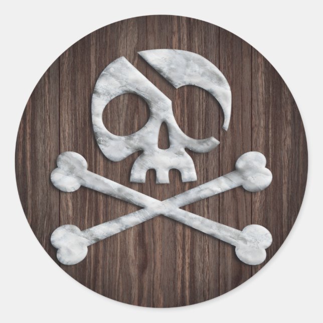 Sticker Rond Crâne pirate et os croisés Bois rustique (Devant)