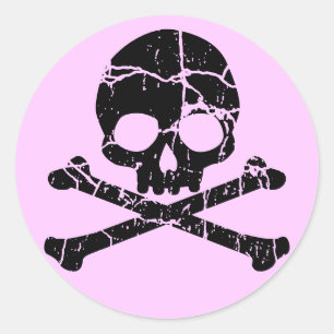 Sticker Rond Crâne rose usé et os croisés
