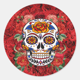 Sticker Rond Crâne sucre rose Roses rouges Vacances