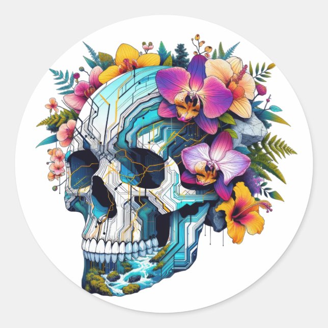 Sticker Rond Crâne Techno-Bloom (Devant)