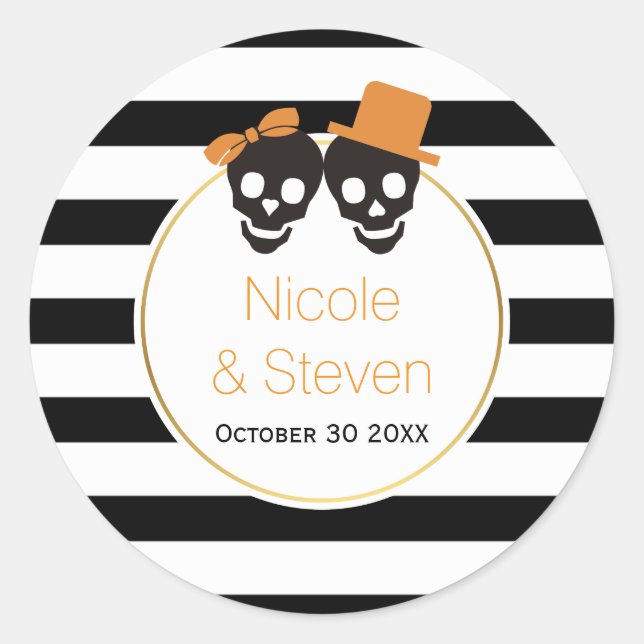 Sticker Rond Crânes et rayures blanches noires mariage Hallowee (Devant)