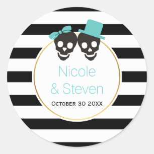 Sticker Rond Crânes et rayures bleu aqua Halloween mariage