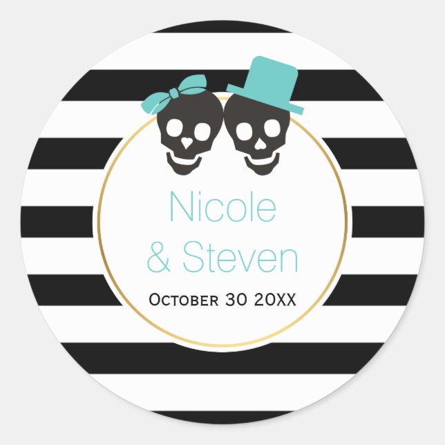 Sticker Rond Crânes et rayures bleu aqua Halloween mariage (Devant)