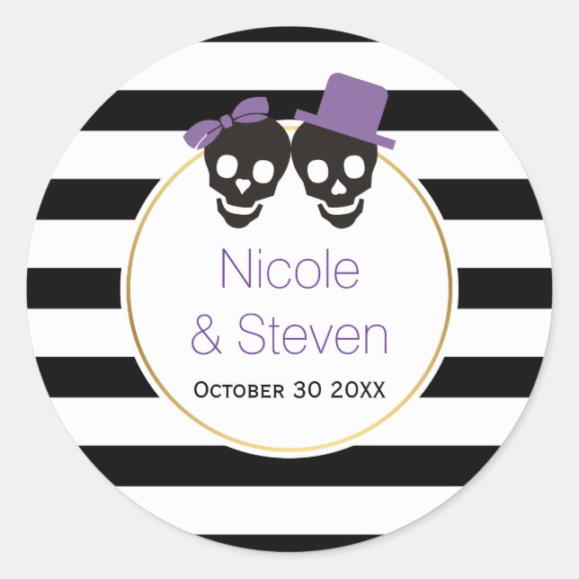 Sticker Rond Crânes et rayures violet mariage d'Halloween (Devant)