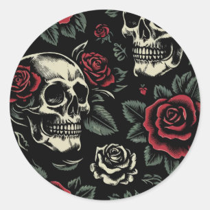 Sticker Rond Crânes et roses rouges florale gothique