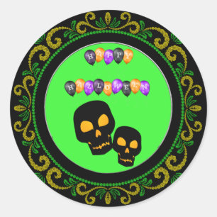 Sticker Rond Crânes noirs jaunes verts Joyeux Ballons d'Hallowe