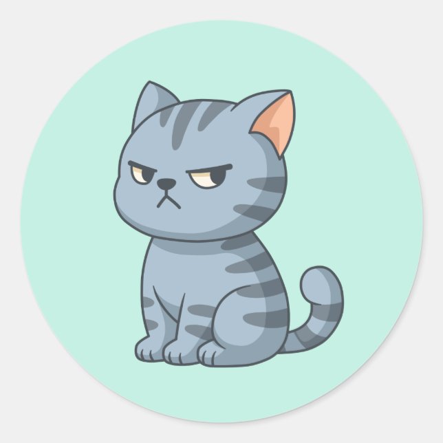 Sticker Rond Cranky Grey Tabby Cat on Green (Devant)