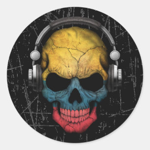 Sticker Rond Cratché Dj Colombien crâne avec casque
