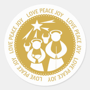 Sticker Rond Crèche d'or Scène Amour, Paix, Joie Noël
