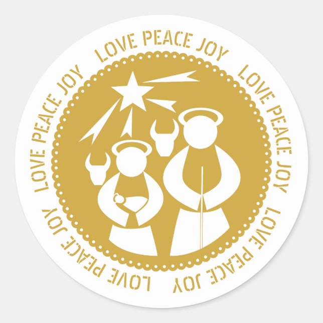 Sticker Rond Crèche d'or Scène Amour, Paix, Joie Noël (Devant)